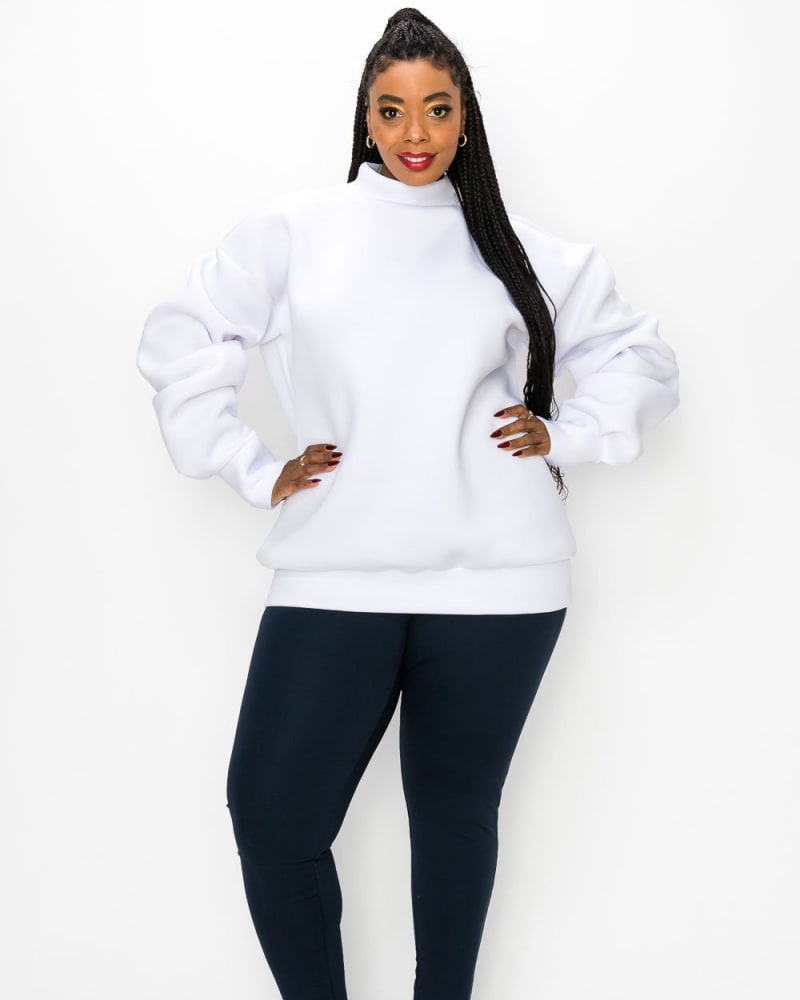 Front of a model wearing a size 3X Neoprene Sweatshirt in Arctic White by L I V D. | dia_product_style_image_id:240208